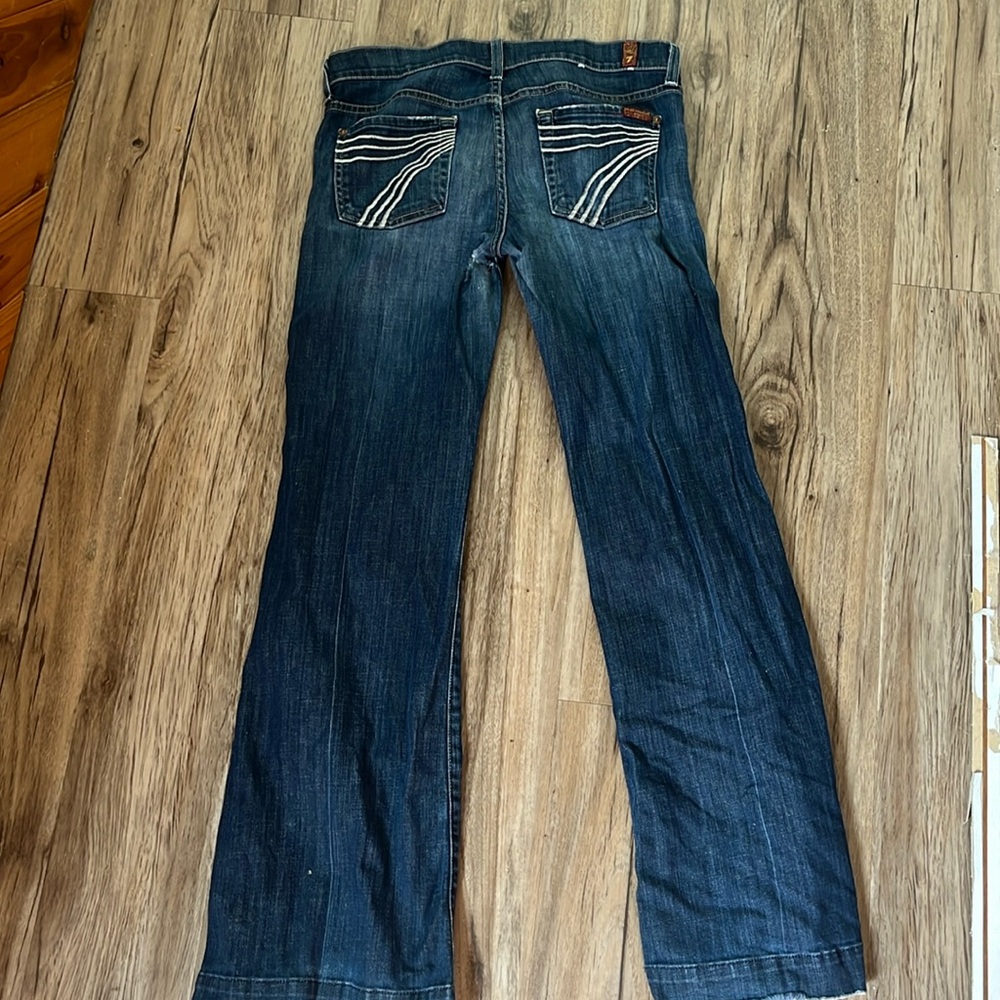 DAMAGED! 7 For All Mankind Blue Flare Jeans. Tiny hole in the groin area.